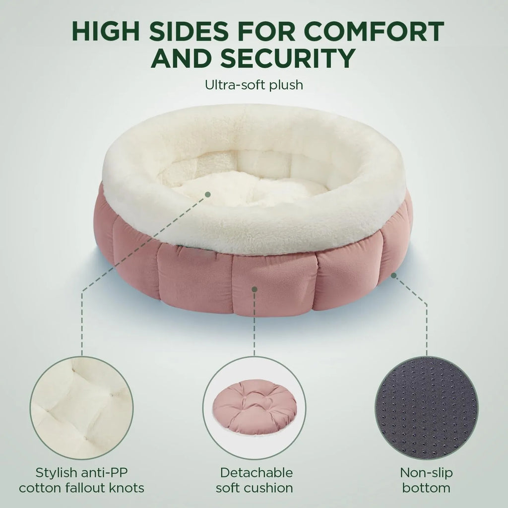 Round donut dog bed in faux rabbit fur with raised sides and anti-slip bottom, sizes XS to XL, colours blue brown green pink