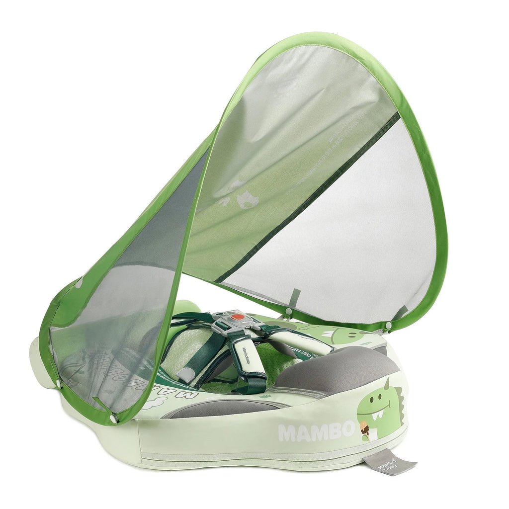 Avocado green inflatable baby swimming ring with dinosaur pattern and sun shade for children 3-24 months