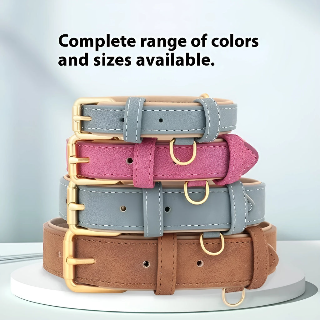 Brown double-layer leather dog collar and matching leash set on a white background.