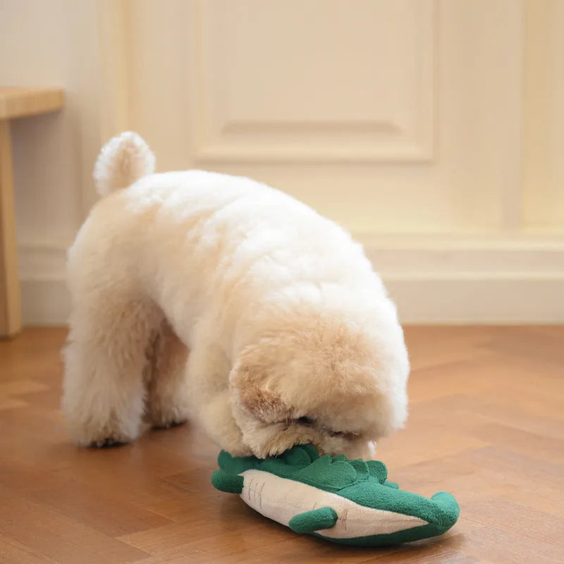 Green plush toy dog measuring 35cm long, designed as durable interactive pet toy