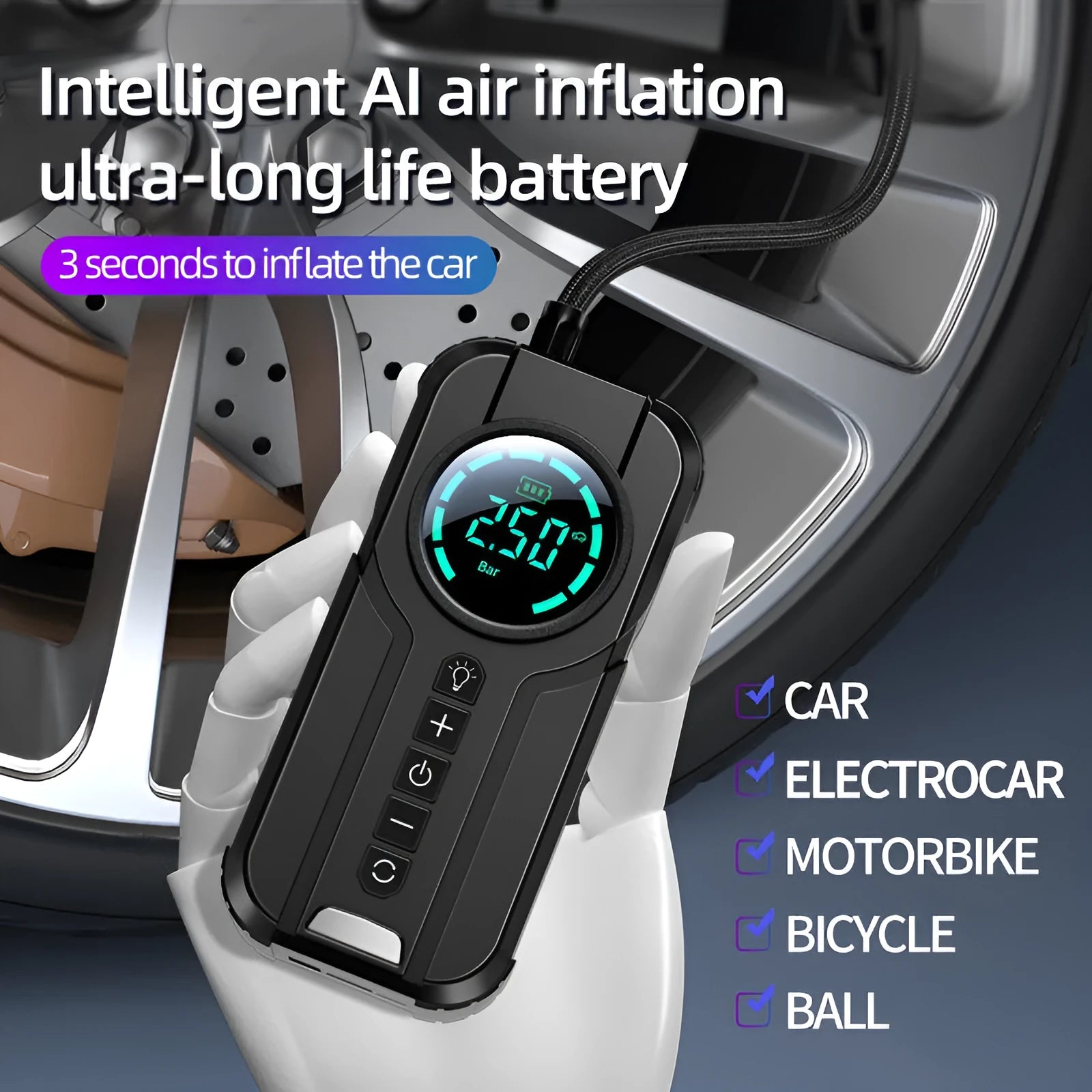 Black portable vehicle tyre inflator with ABS plastic housing, digital display, and multiple nozzle adapters on white background