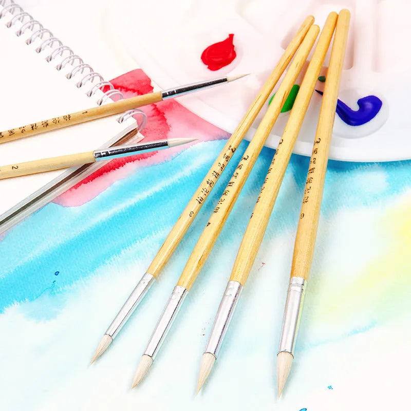 Six wooden hook line pen brushes for wool painting with natural wood handles