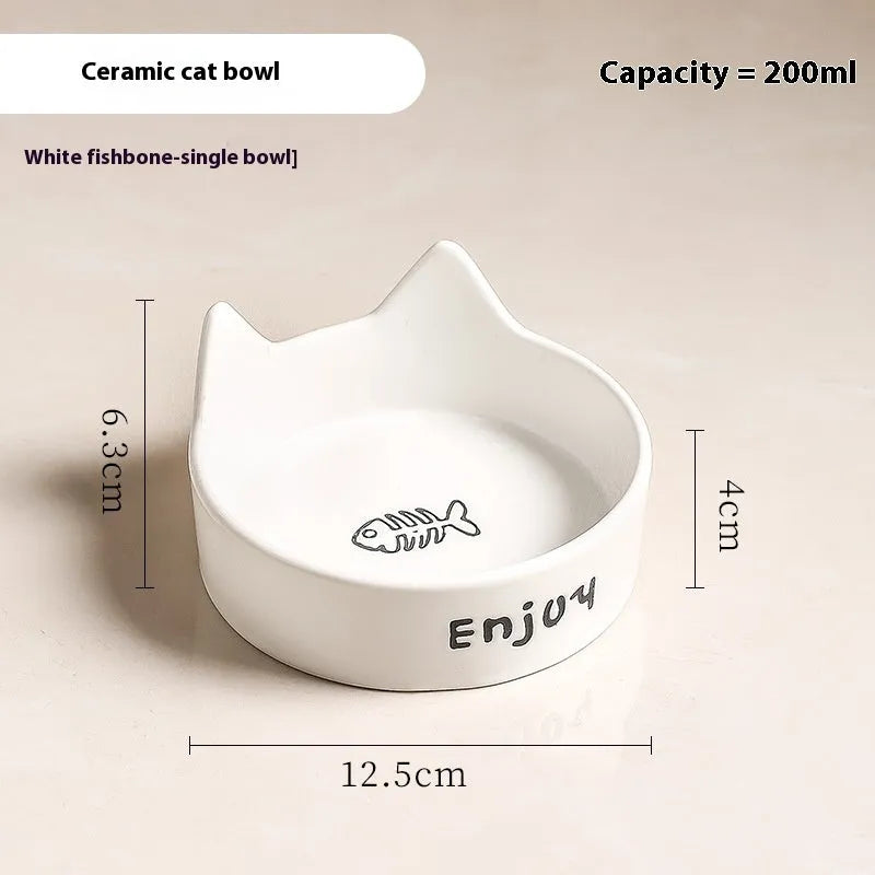 Porcelain cat bowl with wooden frame featuring cat paw pattern in pink colour