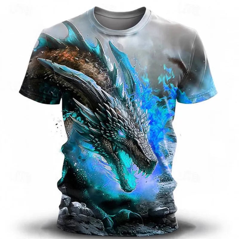 Men's grey T-shirt with 3D wind dragon print design on front, short sleeves, pullover style