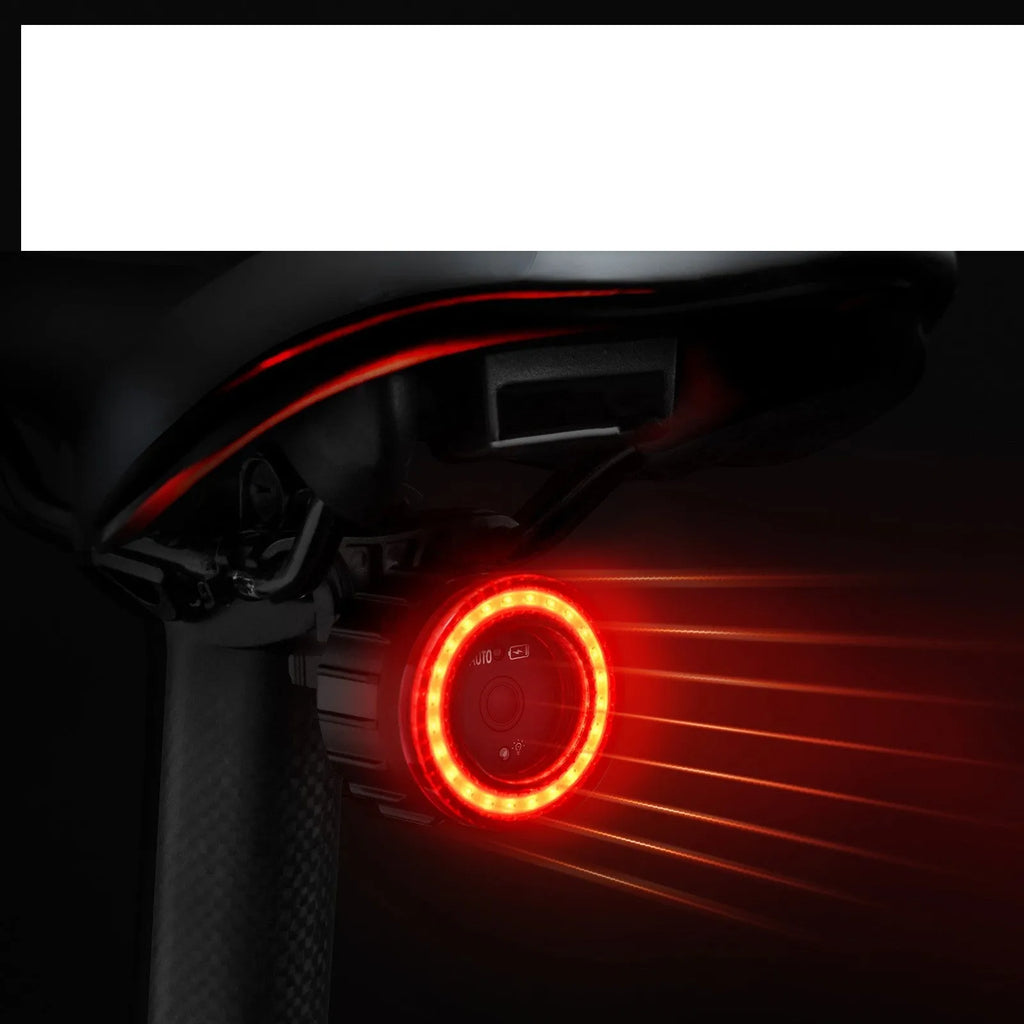 Black intelligent induction brake taillight for bicycles with aluminium alloy construction and two mounting brackets.