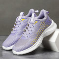 Lavender purple women's Flyknit running shoes with mesh upper and striped pattern on an EVA sole.