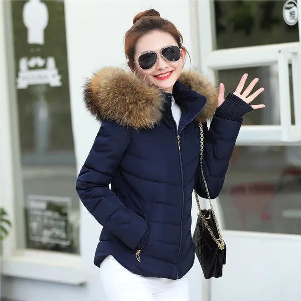 Women's winter parka jacket in black with cotton down fill and polyester fabric, ordinary length 50-65cm