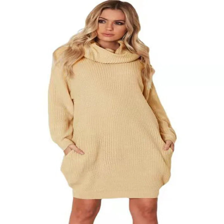 Acrylic imitation cashmere mid-length pullover sweater with a loose lapel and side pockets in apricot colour.