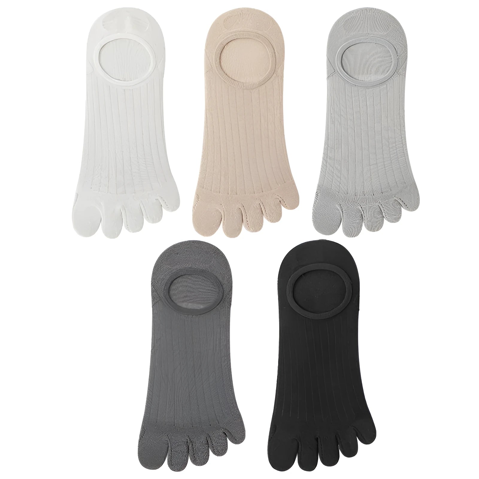 Men's five-finger invisible socks in modal fabric, shown in white, black, and grey colour options.