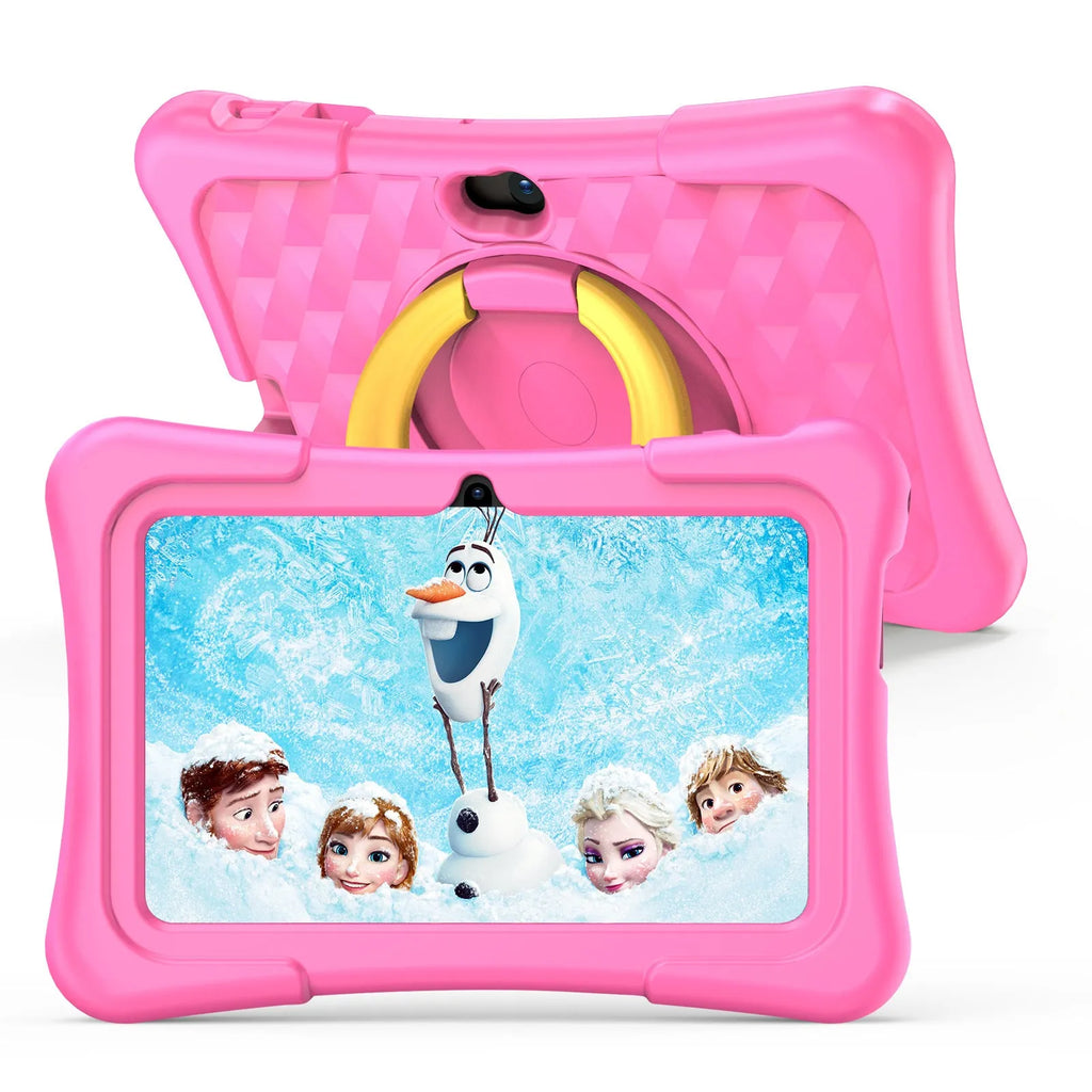 Blue 7-inch children's educational tablet with a silicone protective cover and a rotating carry handle attached.