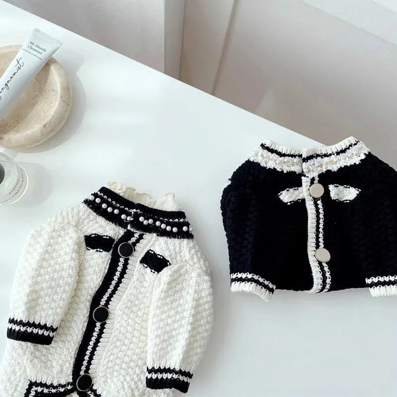 Korean style pearl collar sweater for small dogs in white and black colour options