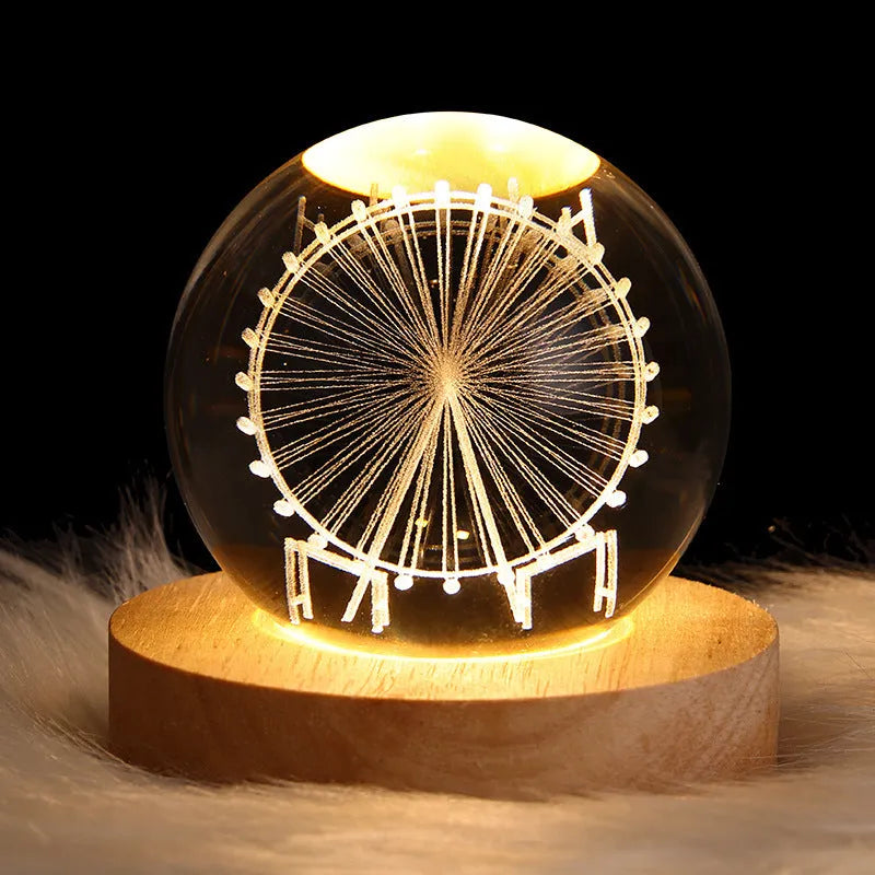 6cm galaxy crystal ball LED night light showing 3D planet patterns with USB power cable