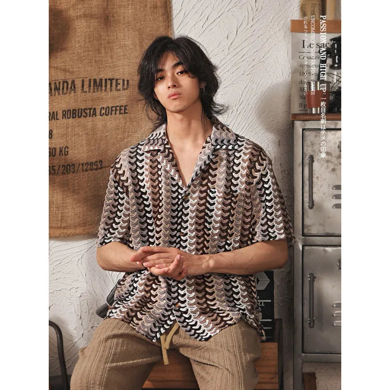Japanese style Cuban collar mens short sleeve shirt with hollow jacquard pattern in grey or red colour