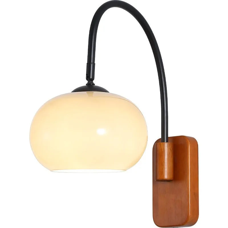 32cm milky white glass wall LED lamp with walnut or log colour iron body, 220V bedside wall light