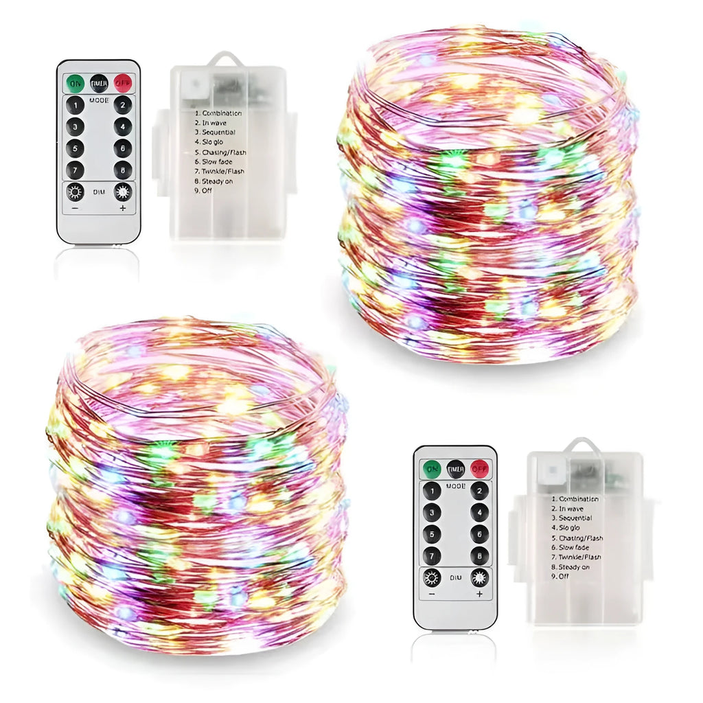 12 metre long copper wire LED string lights in multiple colours, powered by batteries or USB.