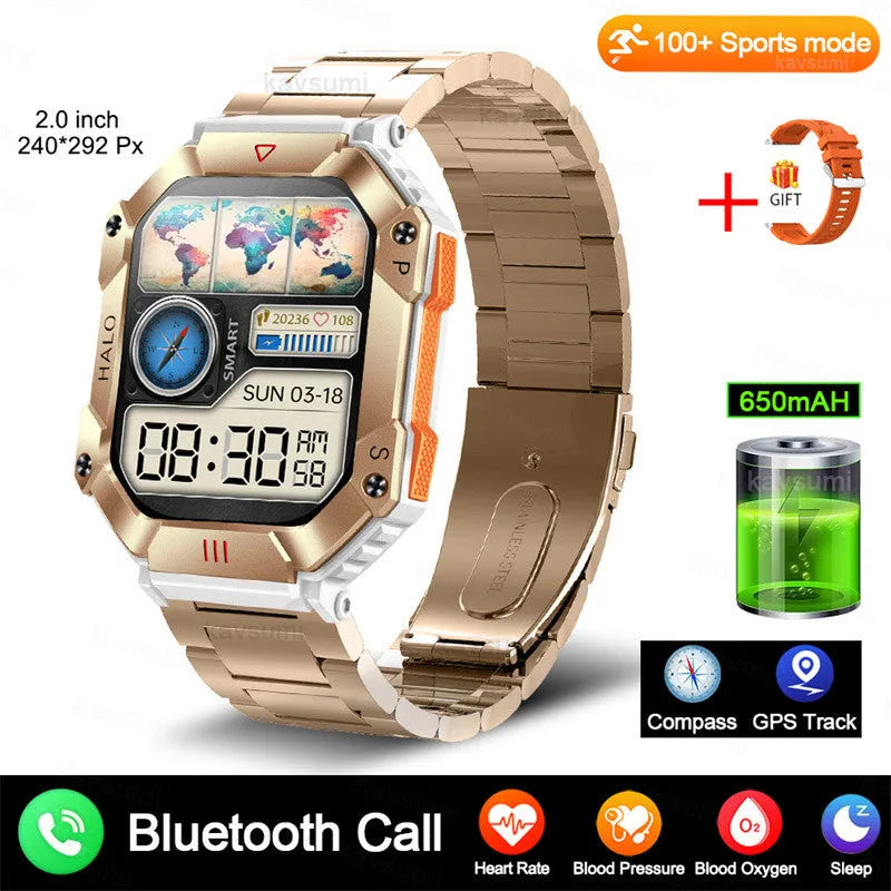 Android GPS smart watch with Bluetooth call on wrist, showing resin dial and titanium alloy case with optional leather strap.