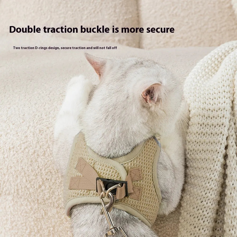 Brown waffle-texture cloth cat harness chest strap with adjustable sizing