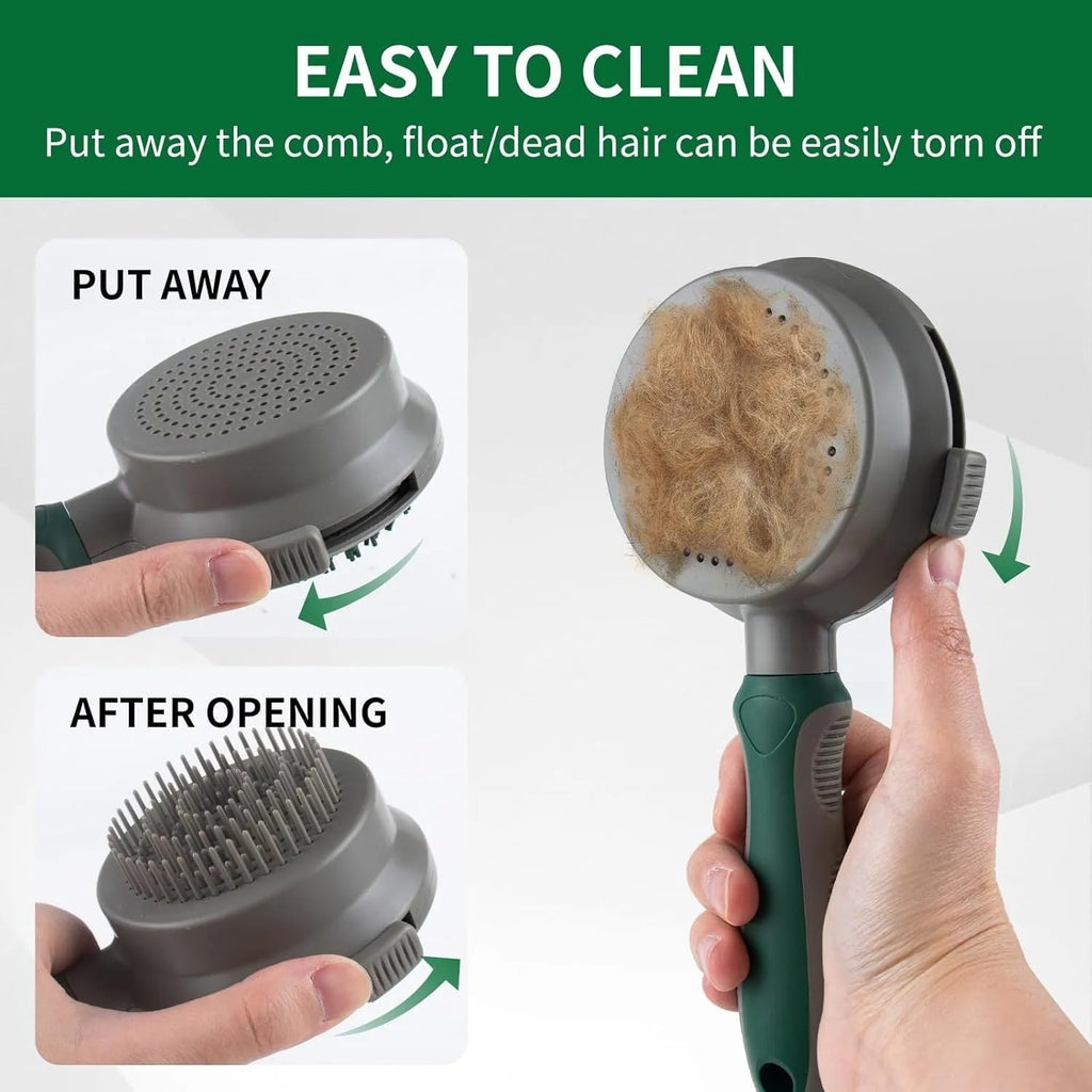 Green and pink 2-in-1 silicone cat hair brush with retractable slicker brush and massaging head.