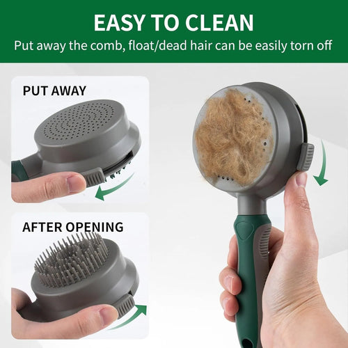 Green and pink 2-in-1 silicone cat hair brush with retractable slicker brush and massaging head.