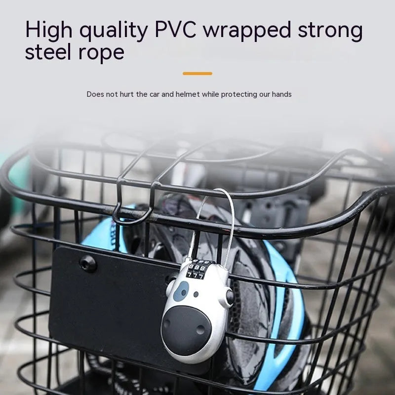 Cow-shaped retractable helmet lock with steel cable in silver and black colour variations