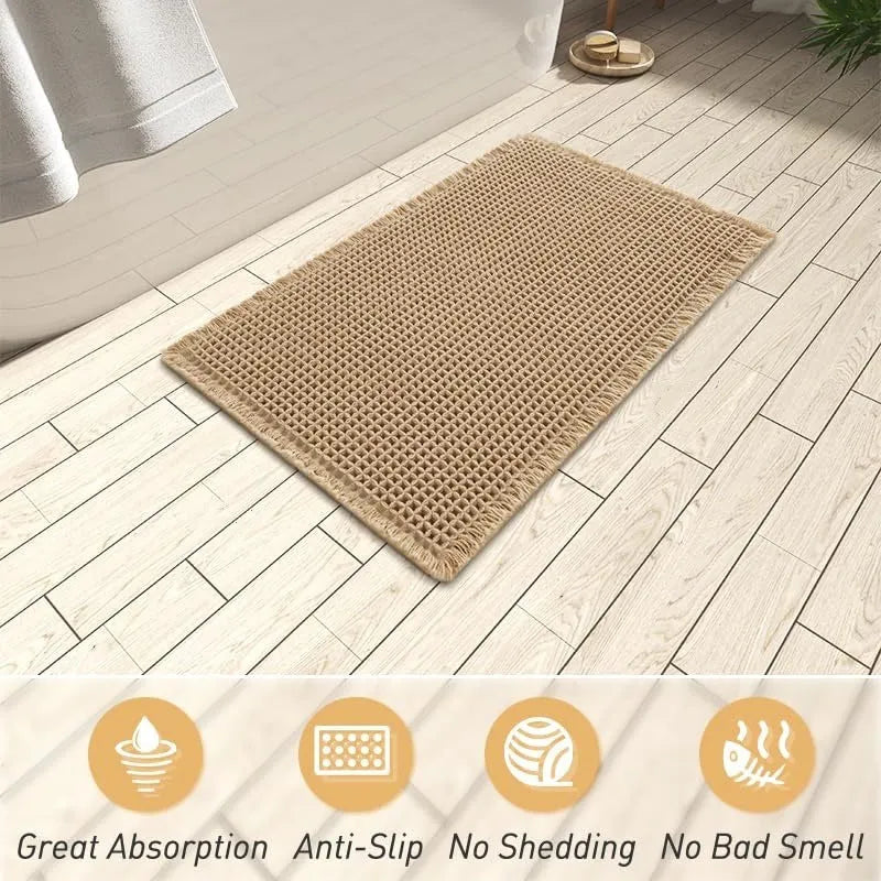 Checkered non-slip bathroom floor carpet in beige, available in multiple sizes from 43x61cm to 61x183cm