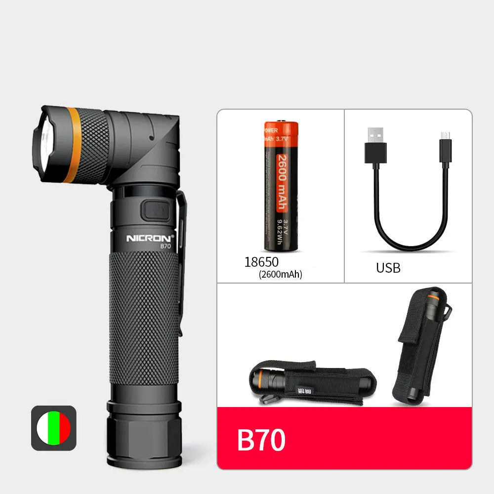 Hands-free LED flashlight in grey black with 1200 lumens, aircraft grade aluminium body, 360° rotary clip, and high-strength magnet