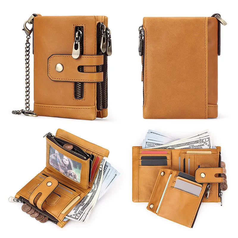 Men's genuine leather tri-fold wallet in brown with anti-theft RFID blocking, retro style, multiple card slots