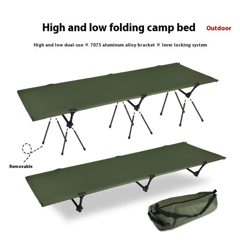 Portable folding bed in khaki colour showing folded and assembled configurations with storage bag