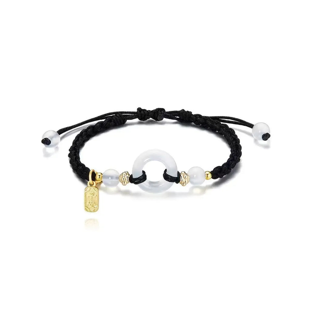 DIY woven unisex bracelet with peach blossom and peace buckle design in black, green, or pink.