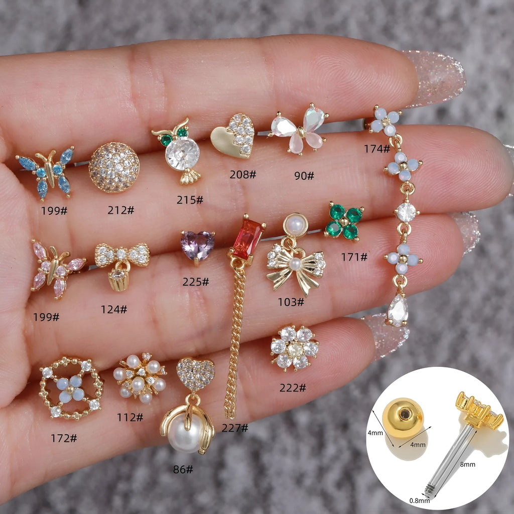 Korean-style tassel flower screw ball ear cartilage piercing in brass with gold, white K or rose gold finish, single ear stud