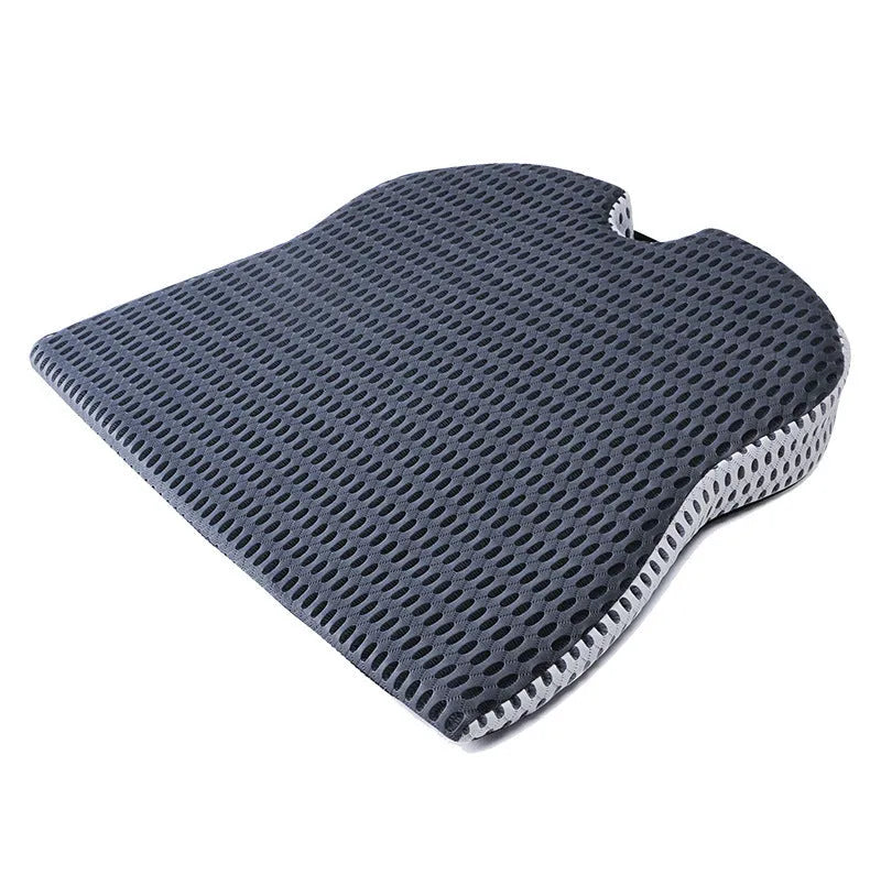Memory foam car cushion with fixed strap attachment in black, grey, or creamy white