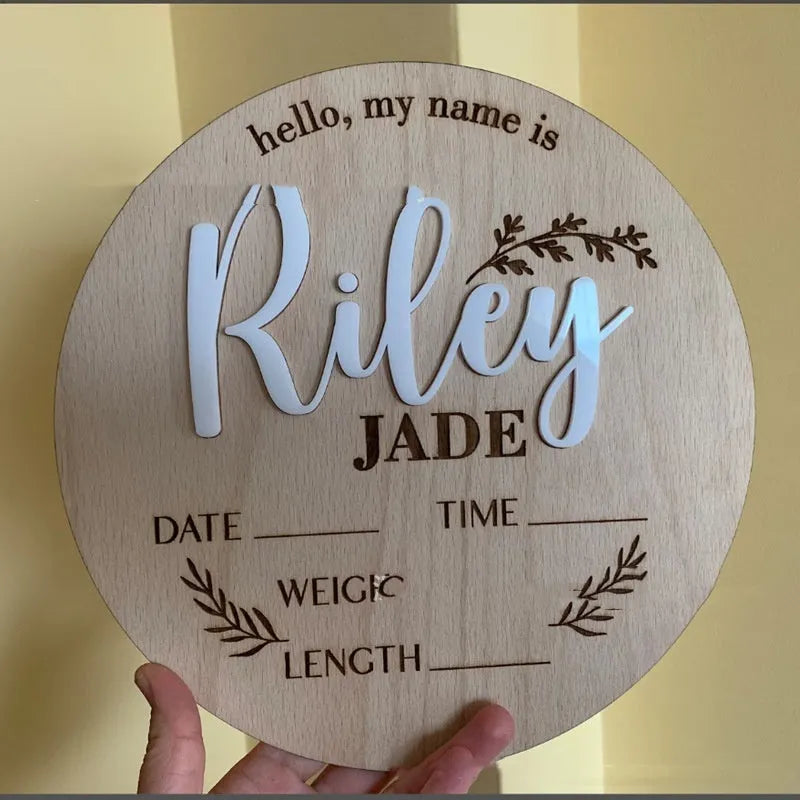 15cm square wooden baby birth name label with space for newborn information
