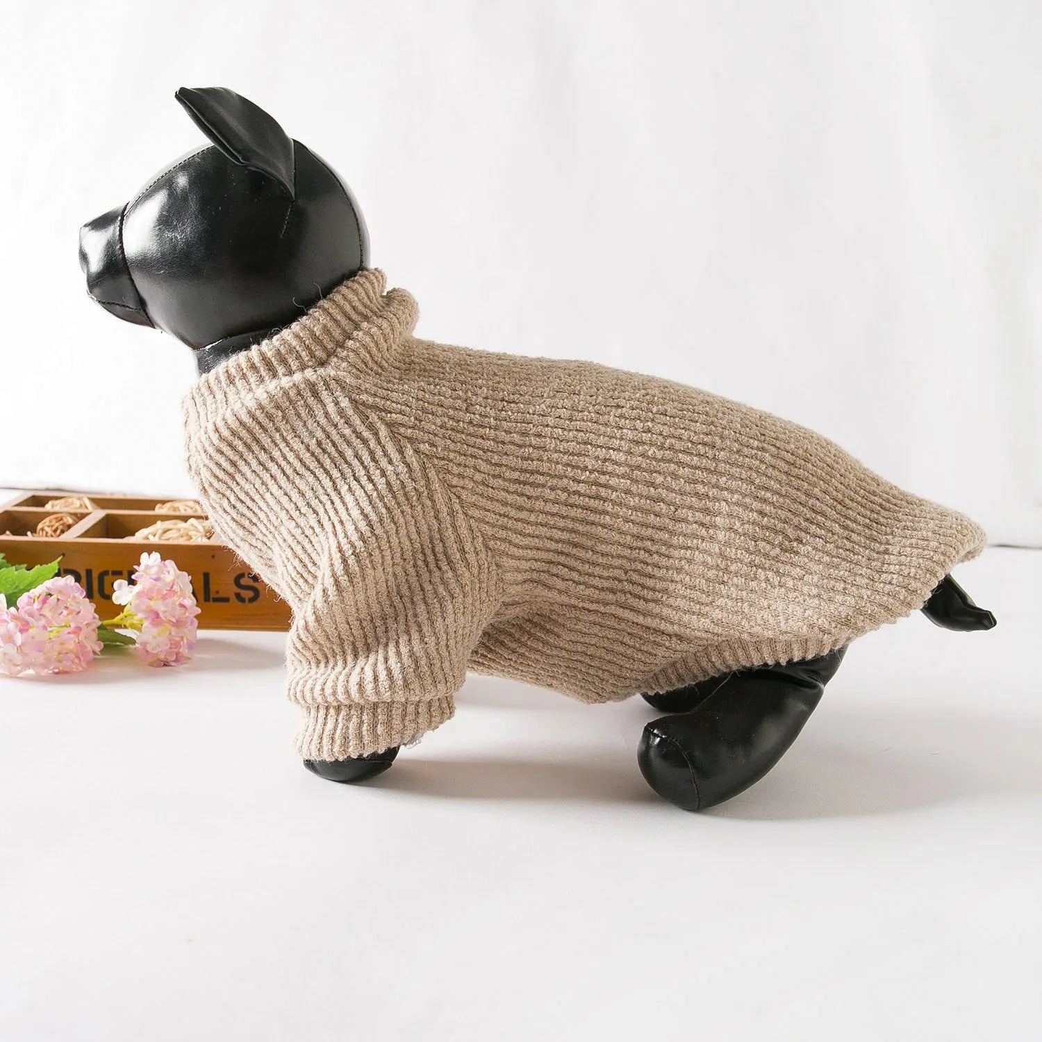 Brown cloth dog sweater pullover for small breeds on model dog