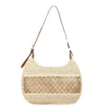 Khaki coloured straw cross body bag with a square shape and an external sandwich pocket.