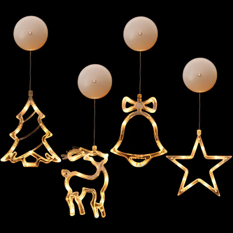 LED Christmas suction cup chandelier with Santa, elk, and snowman designs on window