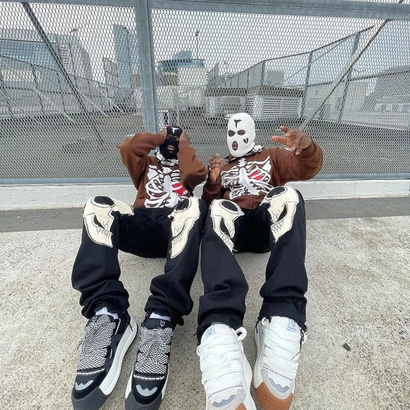 Y2K crew neck skeleton sweater coat cardigan in black, loose fit, polyester fabric