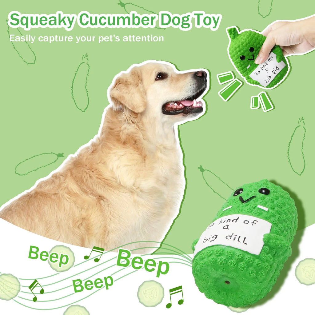 Green pickle-shaped latex squeaky dog toy with textured nubs on a white background.