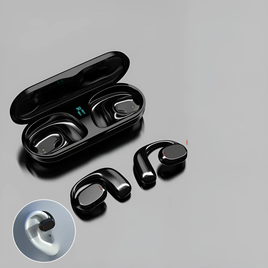 Black and white wireless Bluetooth stereo earphones with a charging case on a table