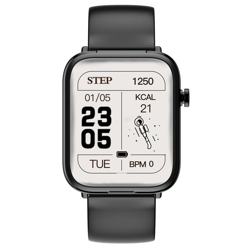 Black zinc alloy smartwatch with 1.69-inch touch screen displaying heart rate data.