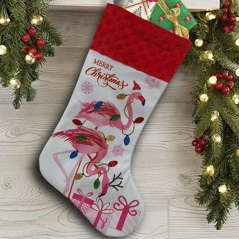 Flamingo design cloth Christmas stocking, 46cm long, in one of three colourful American styles.