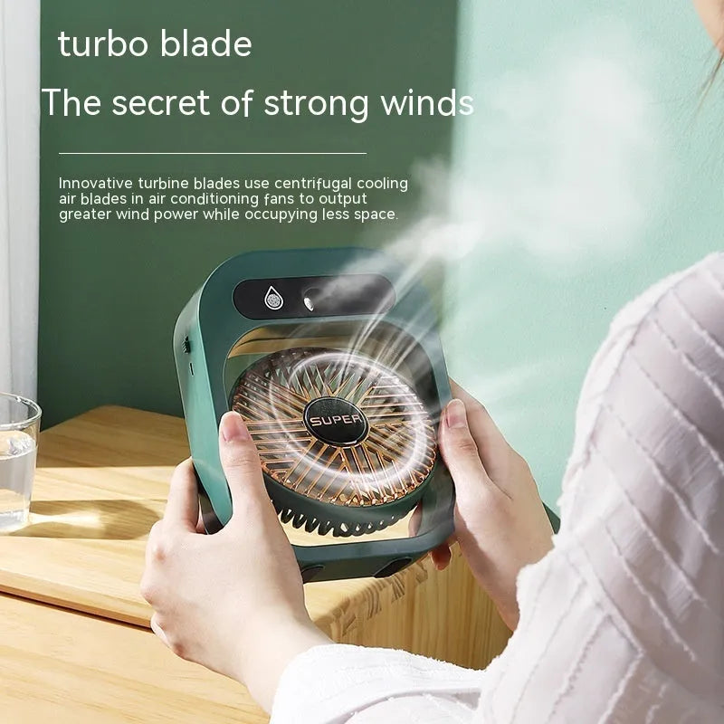 Green and white portable USB misting fan with water tank and adjustable vents