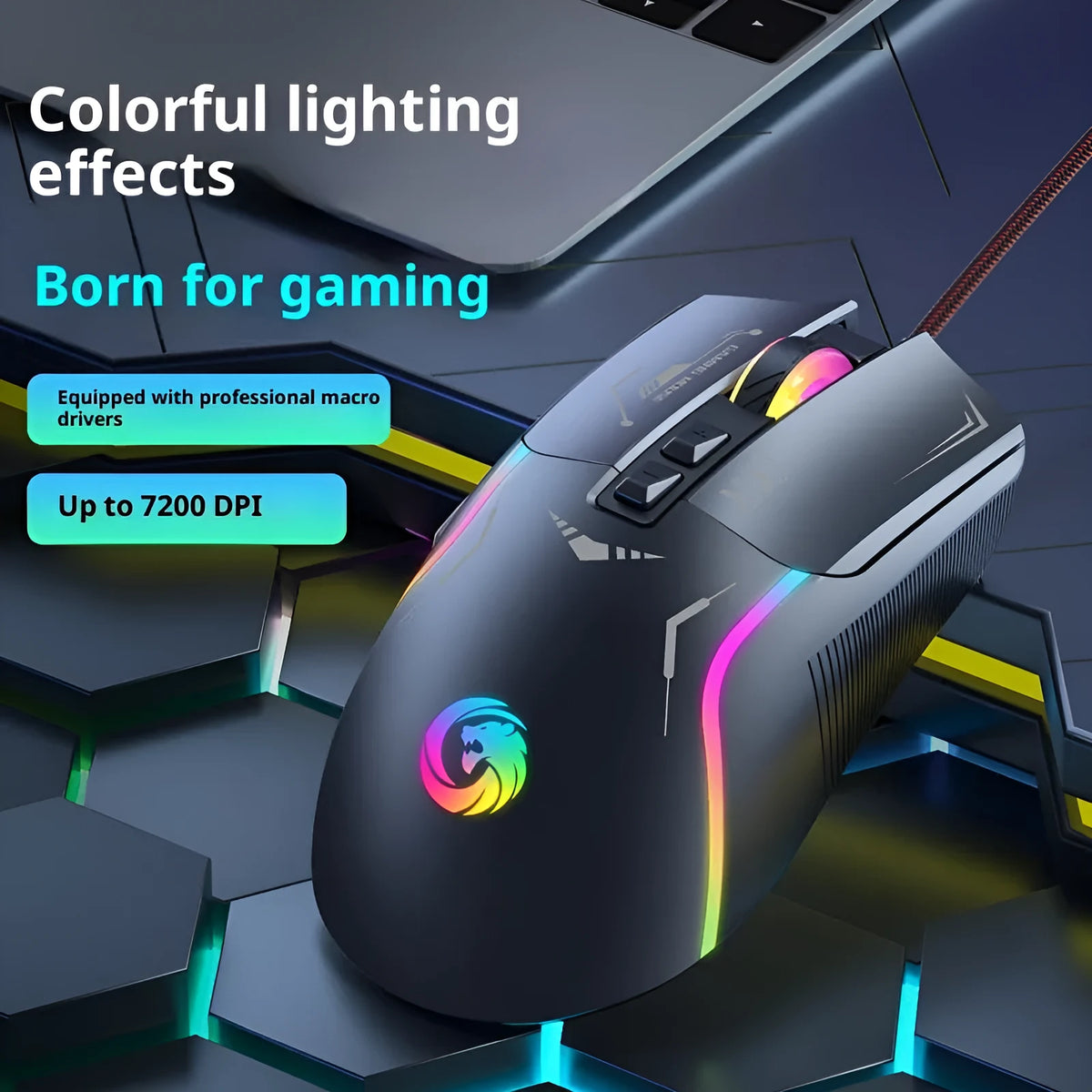 Gaming e-sports wired mouse with optical sensor, 1.5m cable, black colour, on desk next to notebook