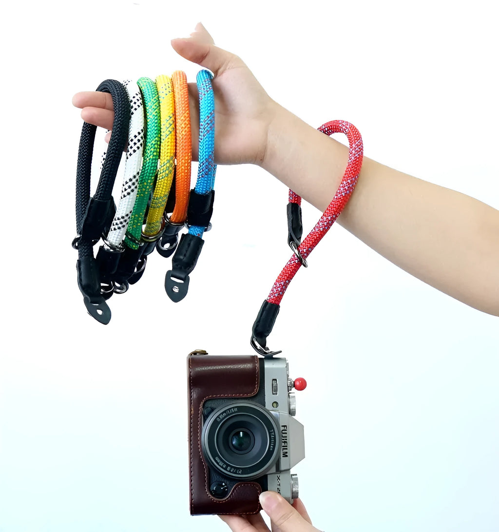Nylon camera wrist strap with thick ring, 39cm hand rope, 80g, in black, red, white, orange, blue, green or yellow