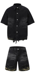Leopard print denim short sleeve shirt and shorts set with cut edge stitching detail in black colour option