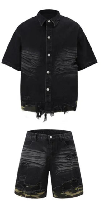 Leopard print denim short sleeve shirt and shorts set with cut edge stitching detail in black colour option
