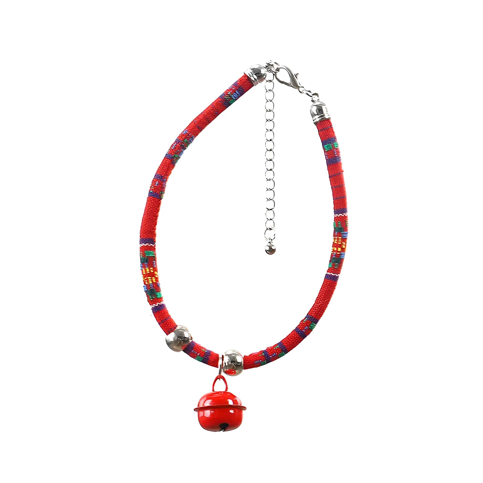 Coloured adjustable pet collar with a metal bell and buckle in ethnic style for dogs and cats.