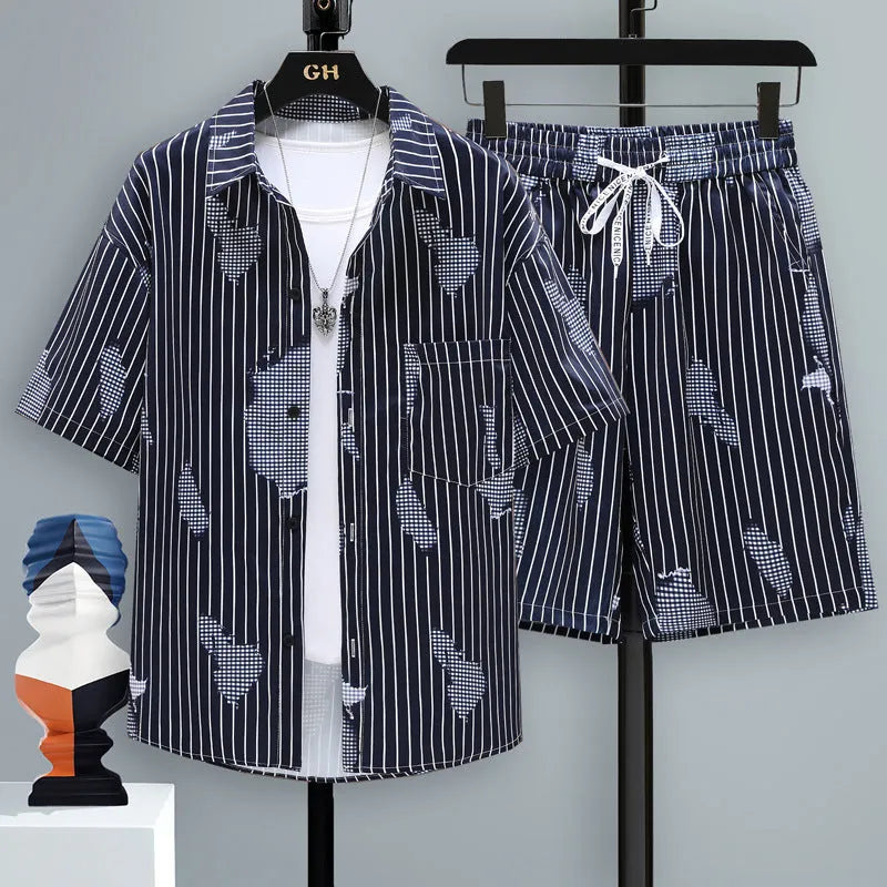 Men's casual sports set with a grey short-sleeve top and matching shorts on a hanger.