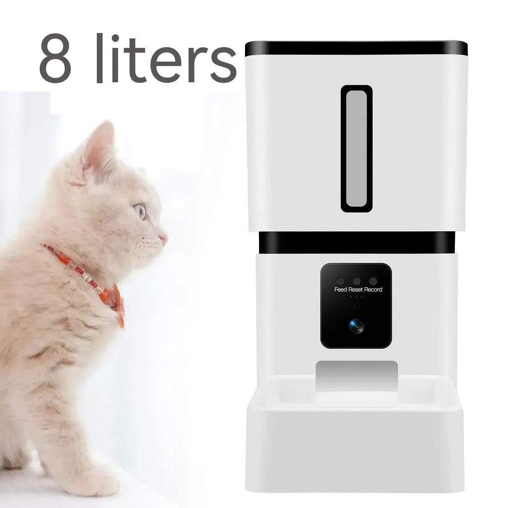 White 8L WiFi intelligent pet feeder with automatic timing and quantitative dispensing for dogs and cats