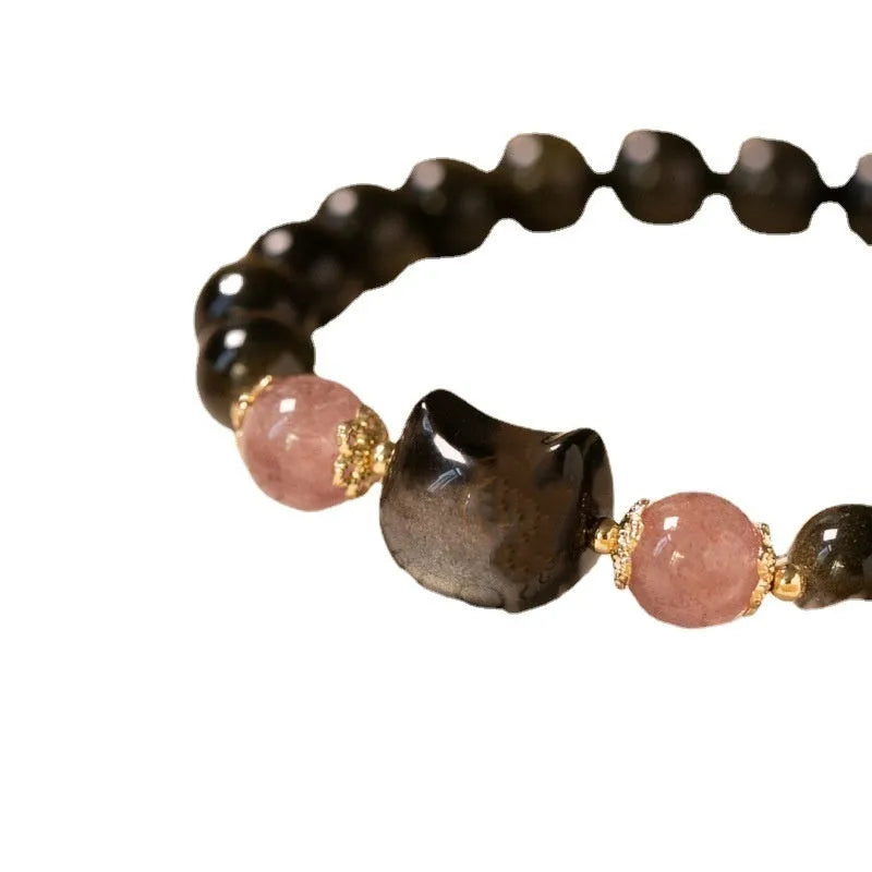 Black natural obsidian stone bead bracelet with silver kitty charm and sliding knot adjustment