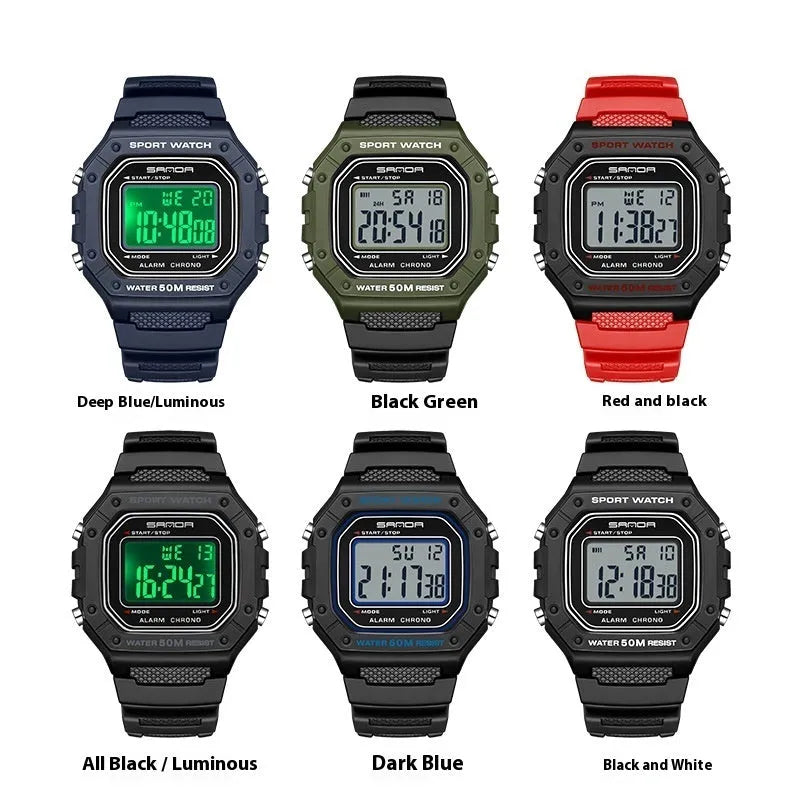 Youth electronic waterproof watch with digital display shown in multiple colour variants.